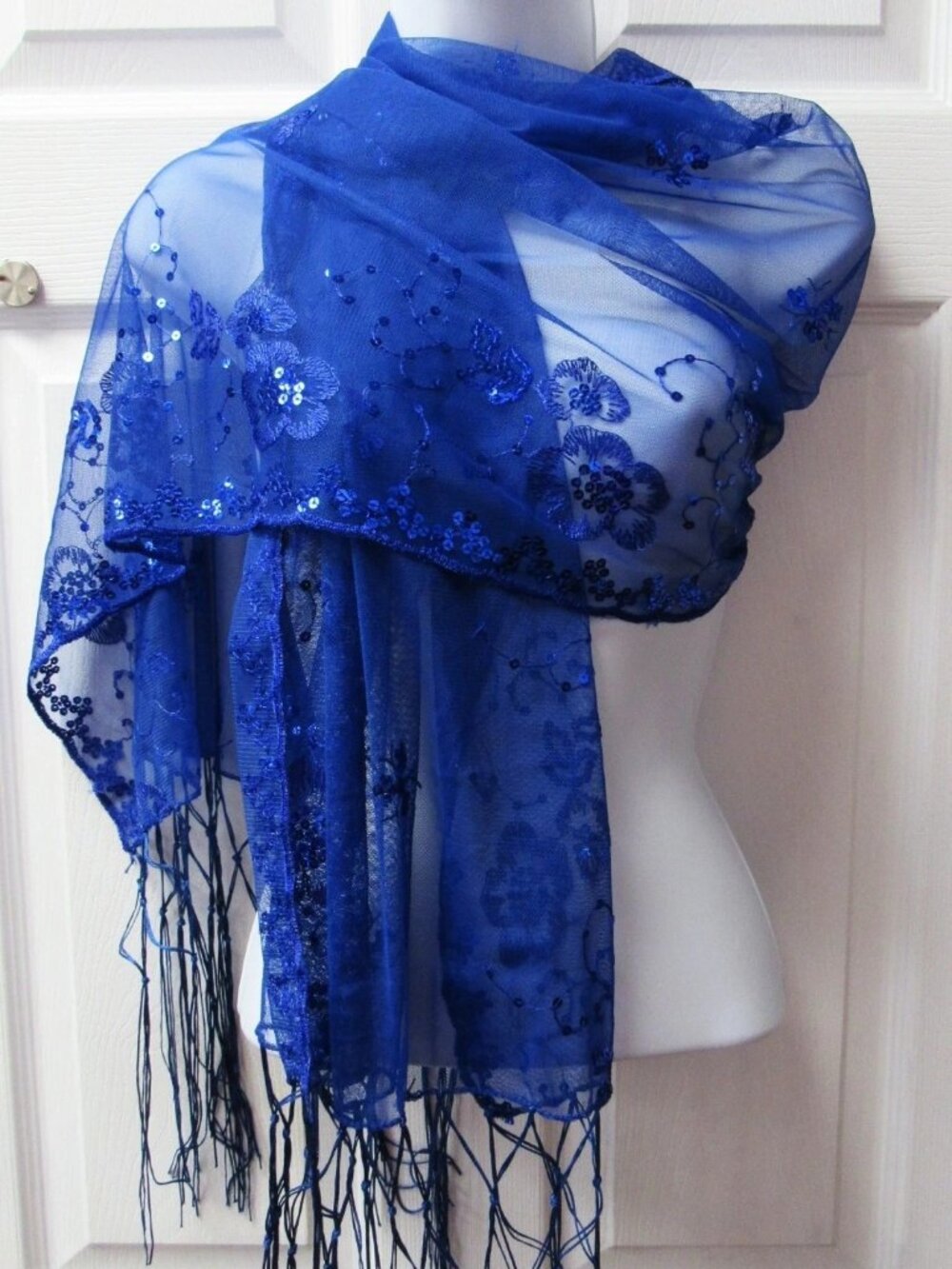 Royal Blue Dressy Sequin Sparkle Fringed Scarf Shawl Wrap Wedding Bridal Formal